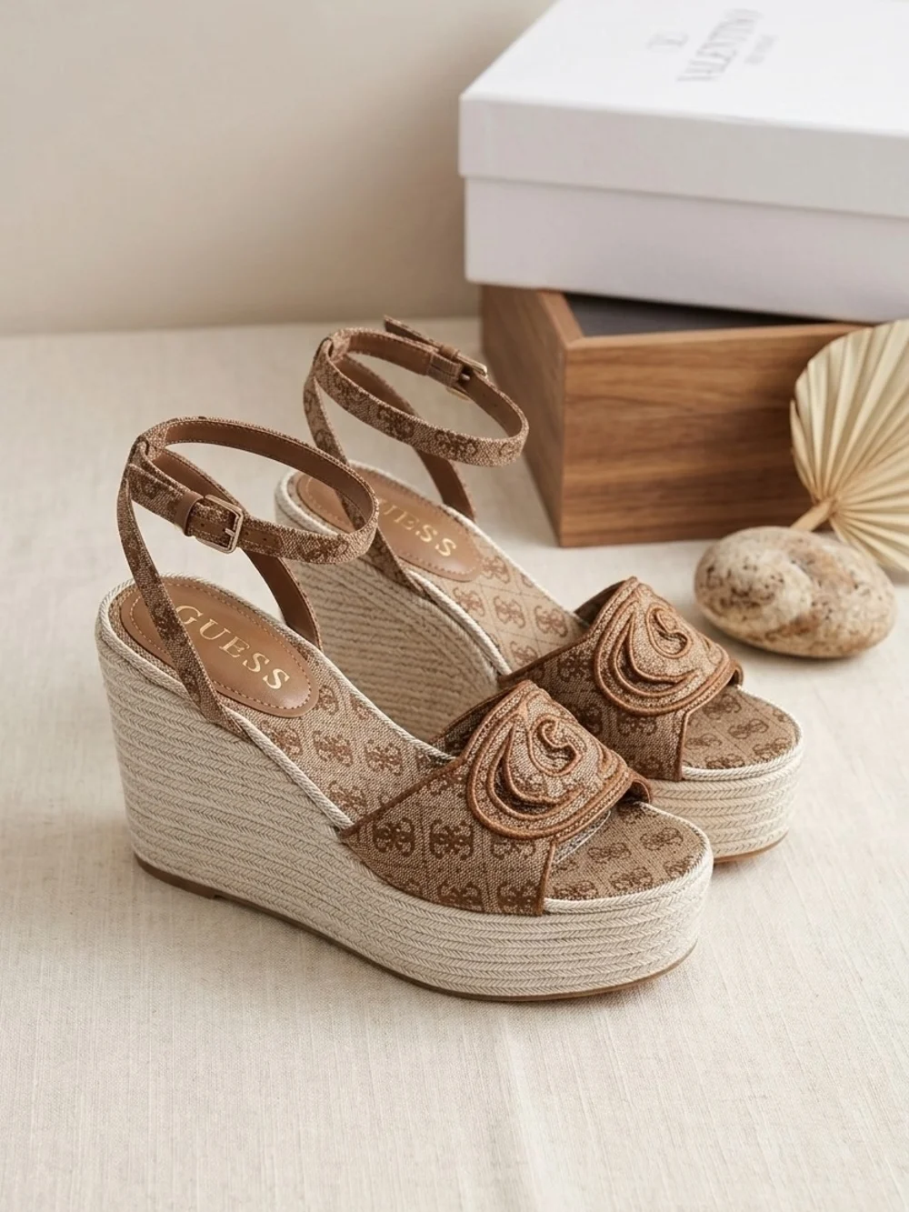 Guess Brown Logo Espadrille Platform Wedges